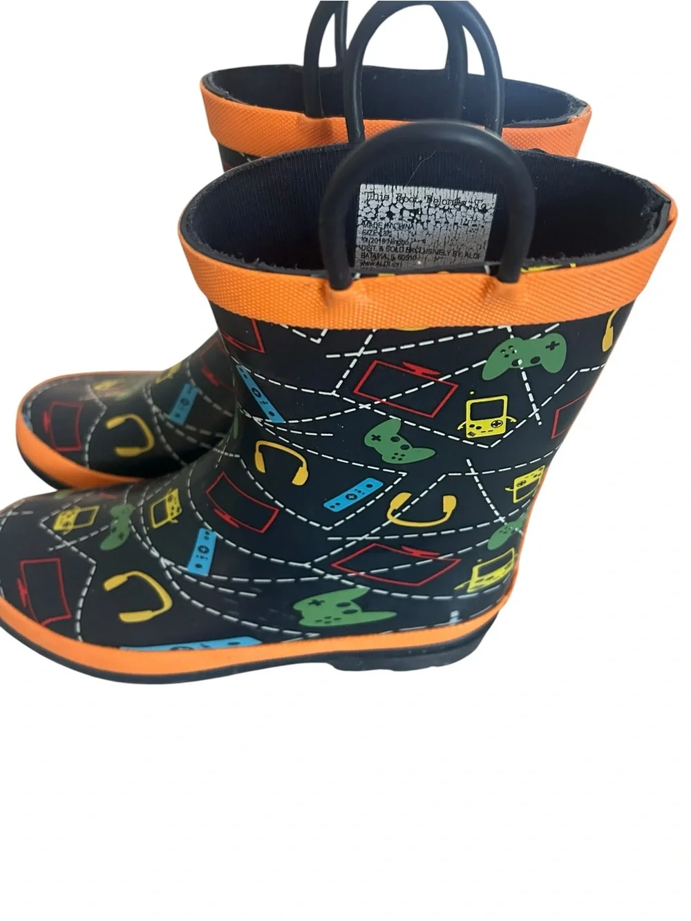 Kids Black Orange Trim Rain Boots with Game Controller Print size 13